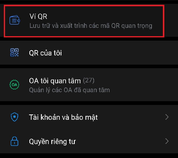 Mục Ví QR Zalo