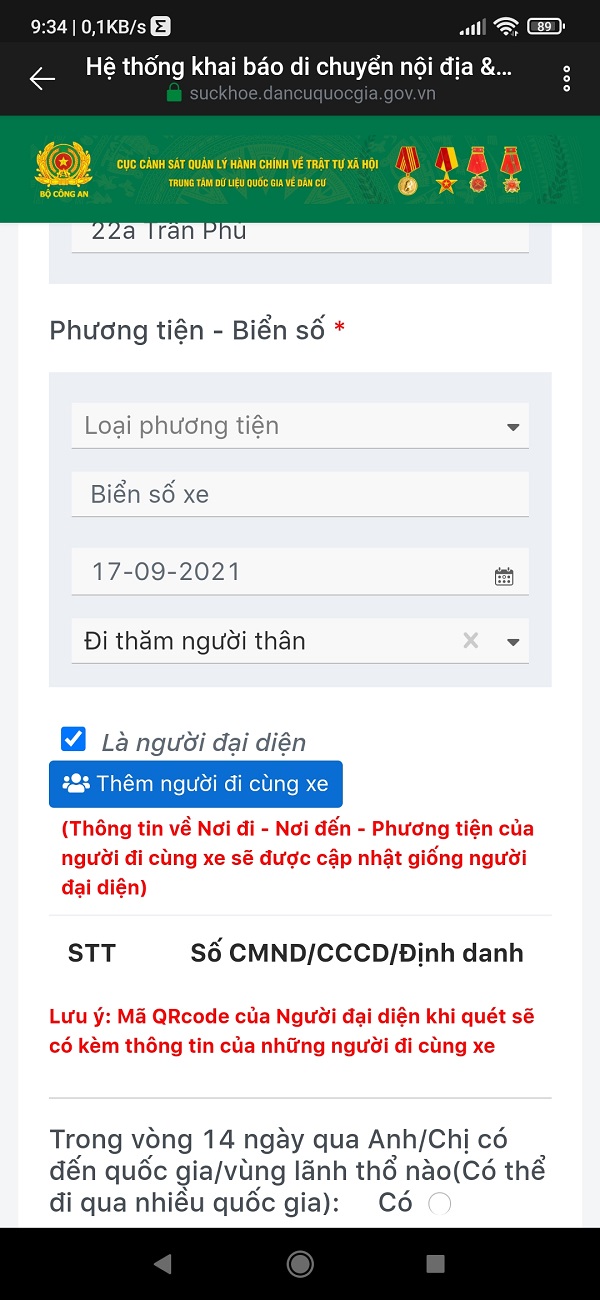 Khai báo người đi cùng trên Đăng nhập tại suckhoe.dancuquocgia.gov.vn