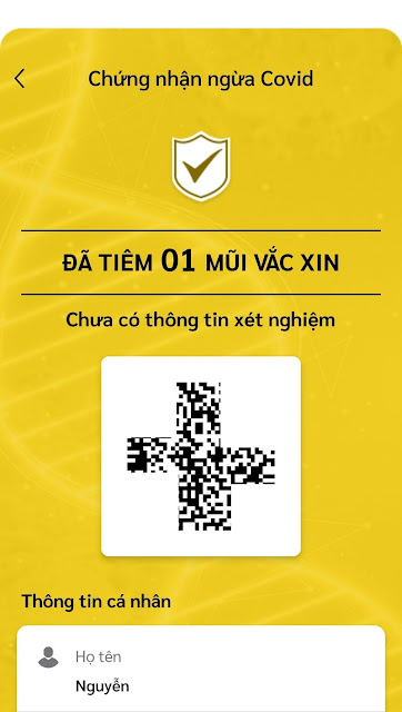 Thẻ vàng Vaccine sau khi đã tiêm 1 mũi