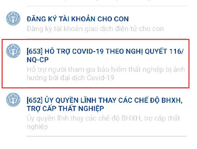 đăng ký gói hỗ trợ theo Nghị Quyết 116/NQ-CP trên ứng dụng VssiD