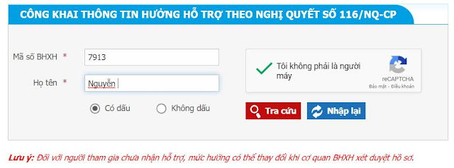 Tra cứu thông tin hưởng hỗ trợ theo nghị quyết 116/NQ-CP