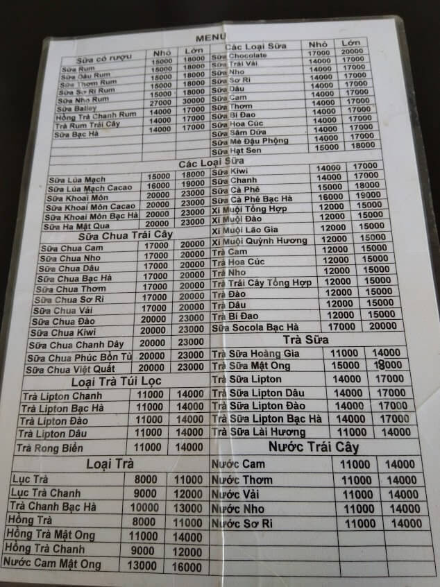 Menu Tiệm trà sữa Phúc Sa Đéc