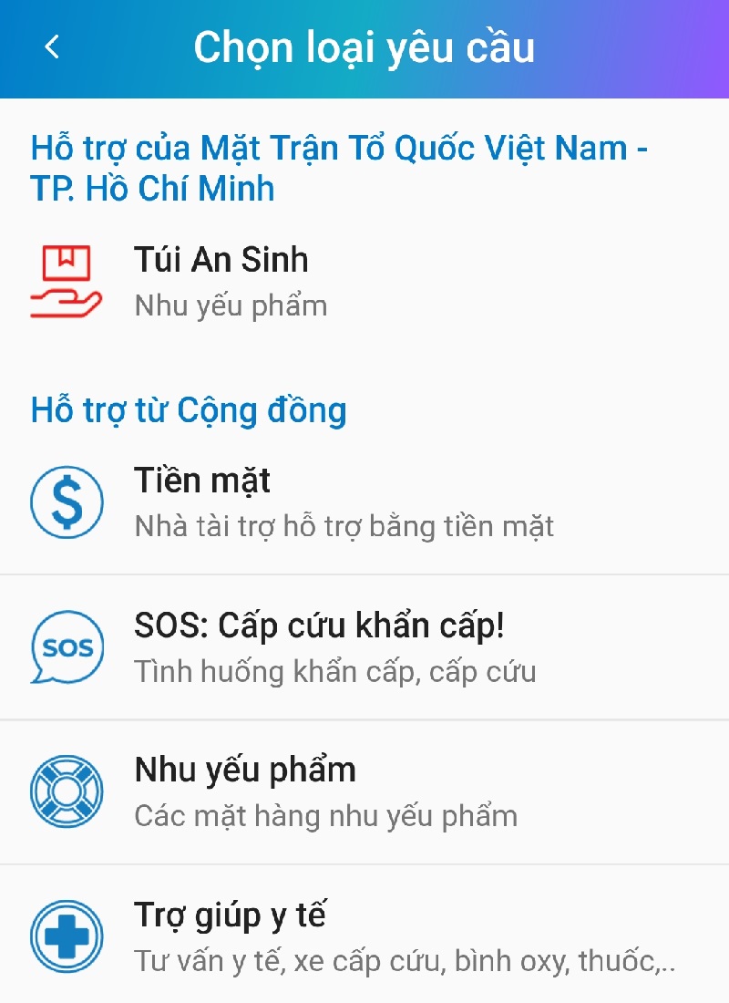 Các loại yêu cầu trong ứng dụng An Sinh