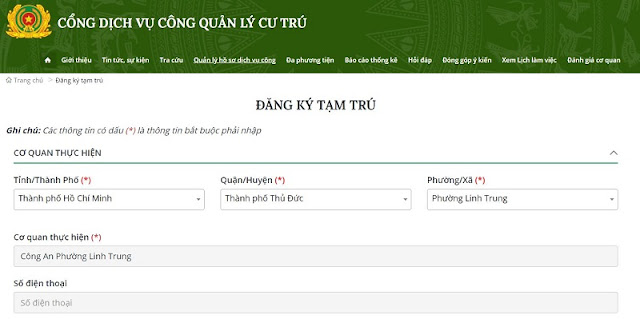 Đăng ký tạm trú online qua CỔNG DỊCH VỤ CÔNG QUẢN LÝ CƯ TRÚ