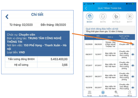 Xem quá trình tham gia BHXH trên ứng dụng VssID